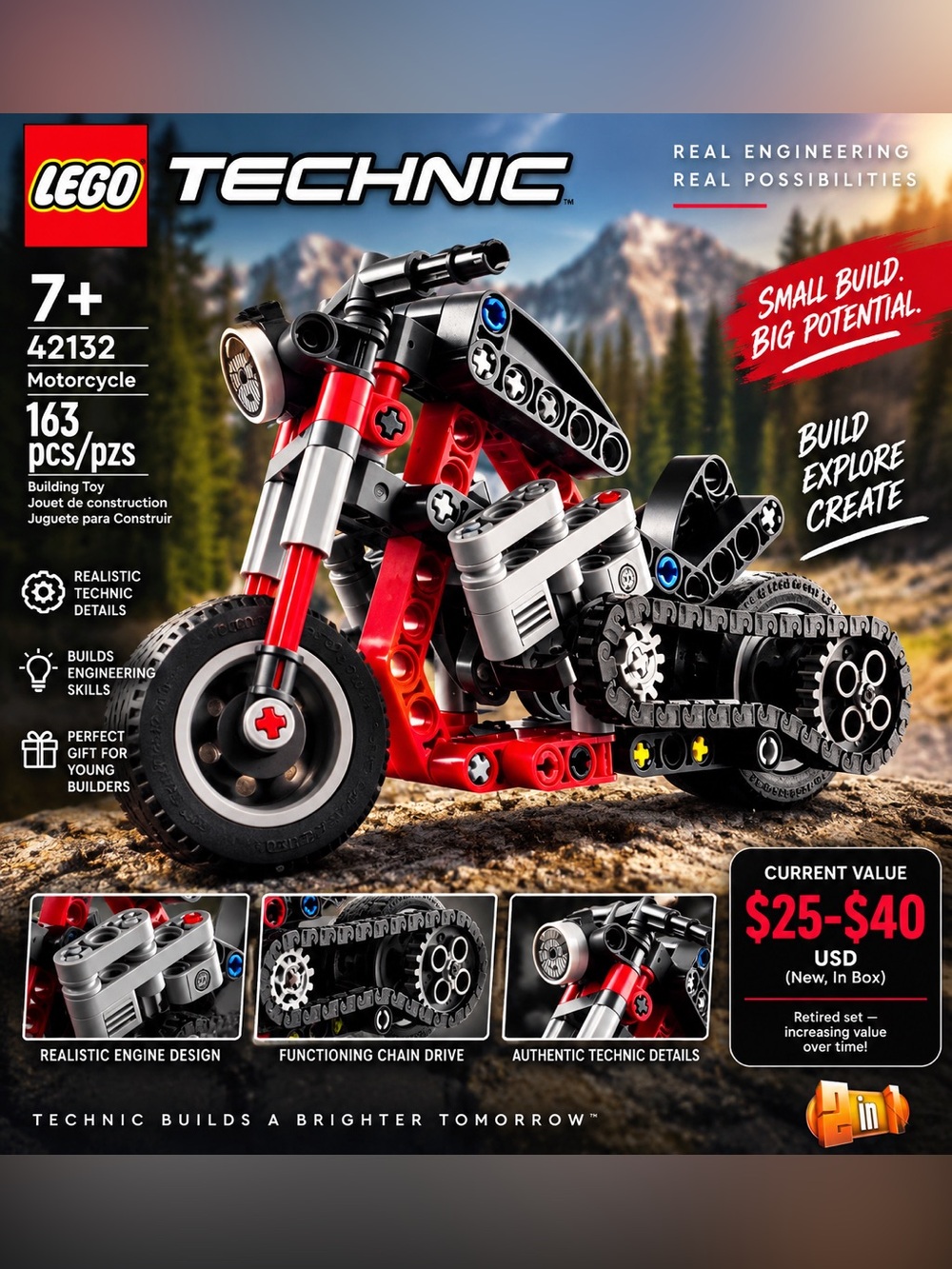 Lego Technic Red, Black & Silver Motorcycle Building Set